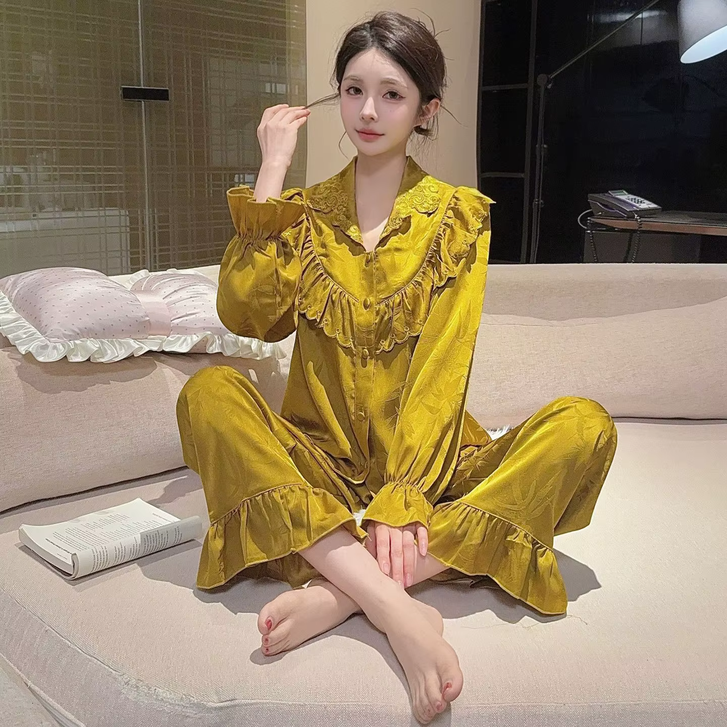 Été automne femmes 2 pièces Pyjamas ensemble vêtements de nuit Jacquard Satin à manches longues pant