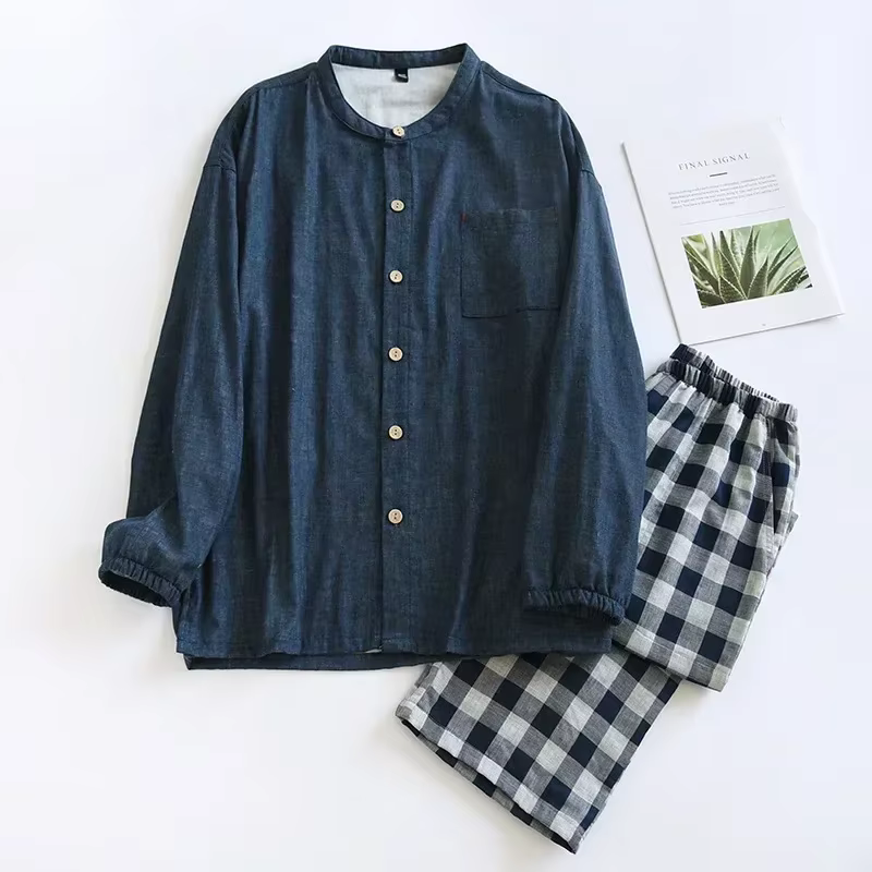 Ensemble pyjama en coton pour hommes, Style japonais, à carreaux, manches longues, pantalon, vêtemen
