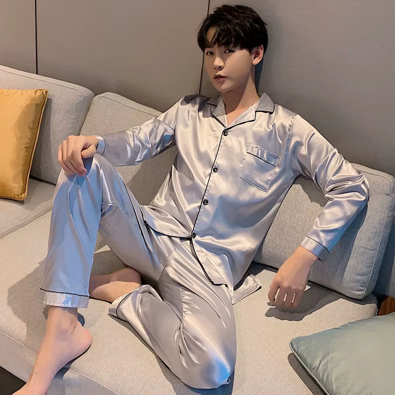 Nouveau élégant soie hommes pyjama ensembles Long bouton vêtements de nuit mâle dormir maison vêteme