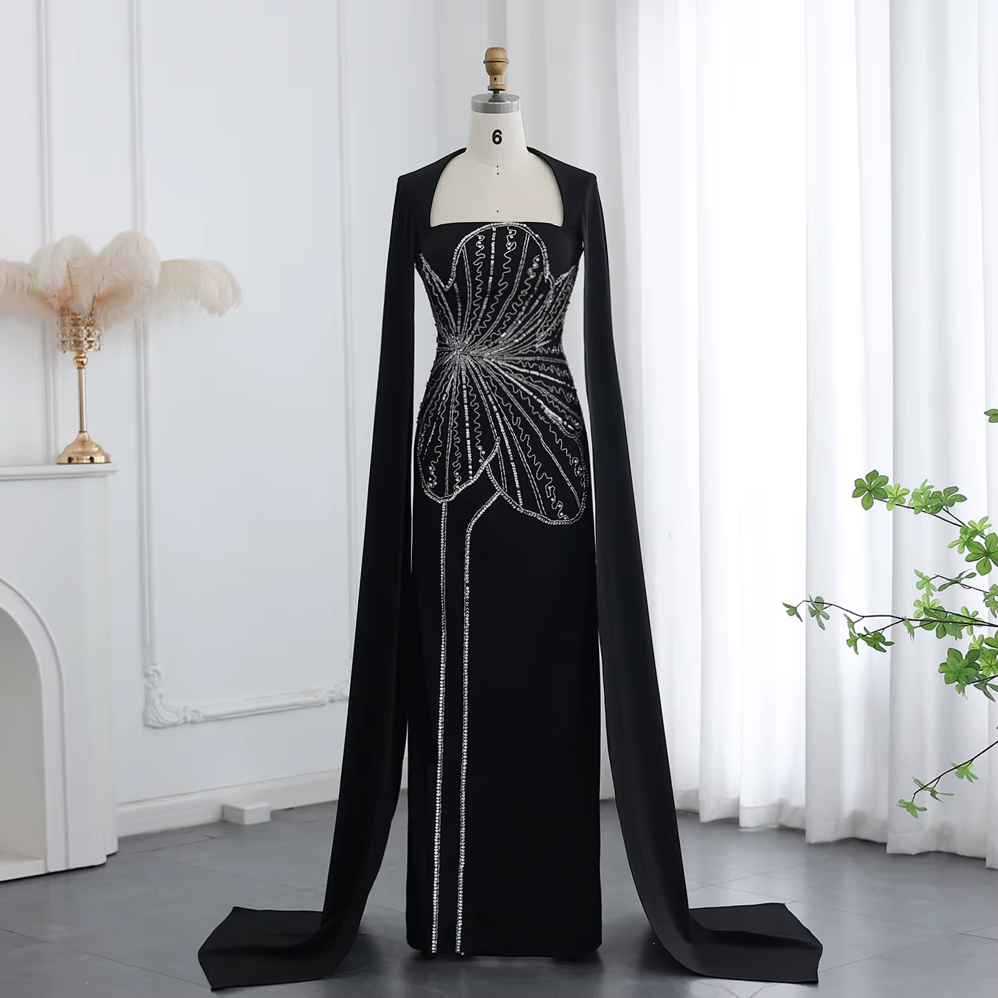 Sharon Said-Robe de soirée perlée de luxe avec manches cape, robe noire élégante, fête de mariage de