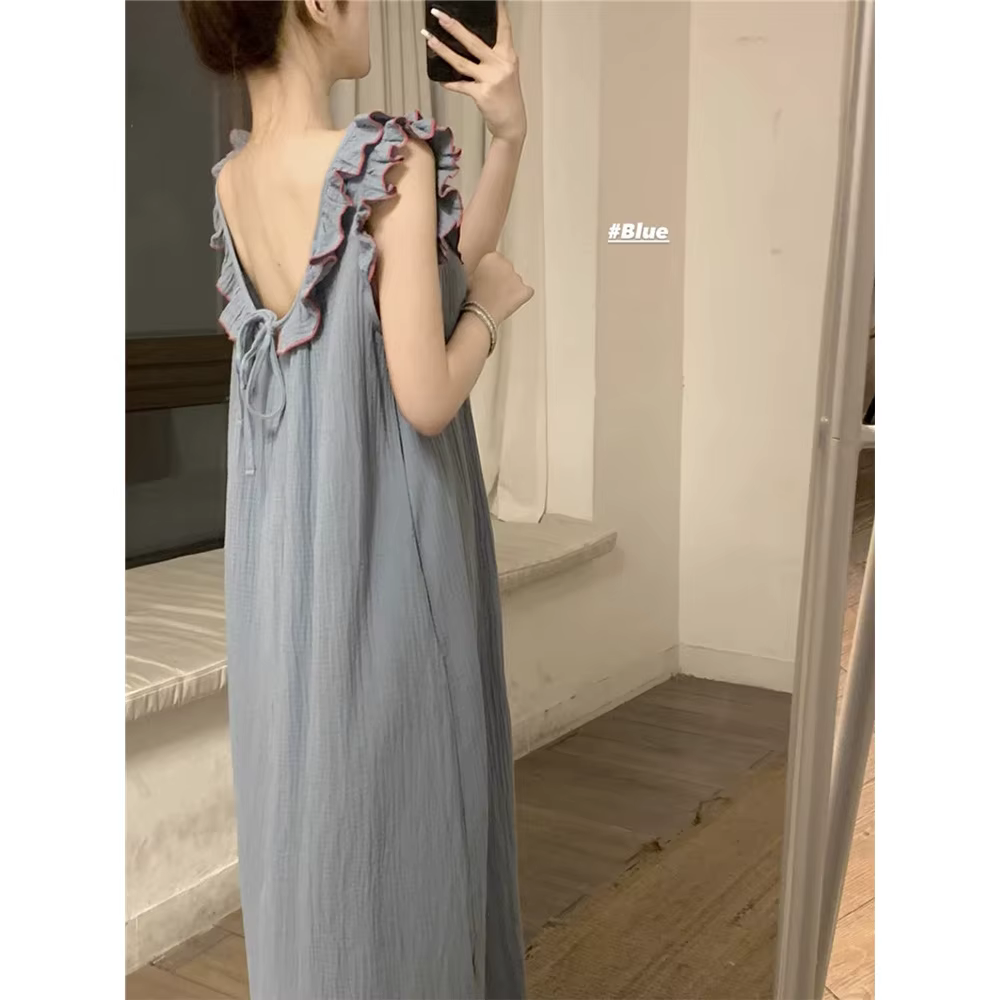Robe pyjama femme Sexy dos nu chemise de nuit sans manches volants vêtements de nuit amples vêtement