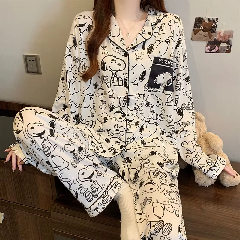 Pyjama Snoopy dessin animé printemps-automne, manches longues et pantalon, en soie de lait, vêtement
