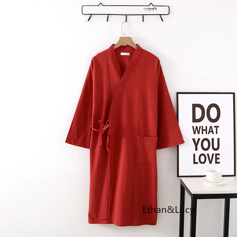 Peignoir à manches longues en coton Ramie lavé, Kimono japonais, chemise de nuit pour femmes et homm
