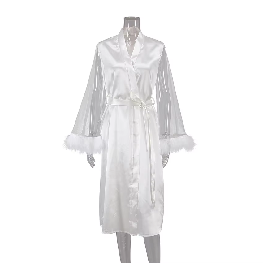 Pyjama à manches longues en Imitation de plumes de soie pour femmes, chemise de nuit en soie, vêteme