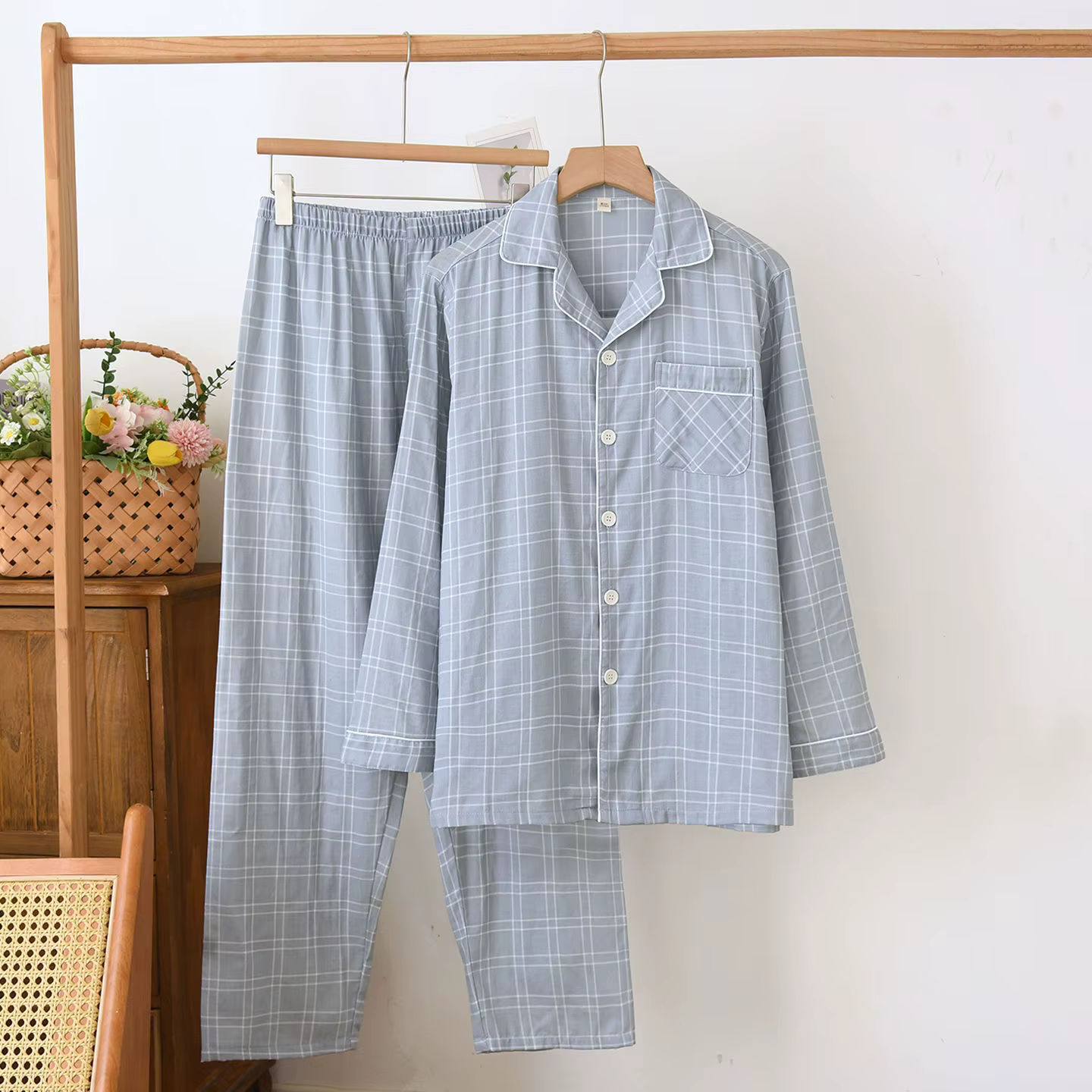 Ensemble de pyjama pour homme en coton gazeux à manches longues et pantalon, design à carreaux décon