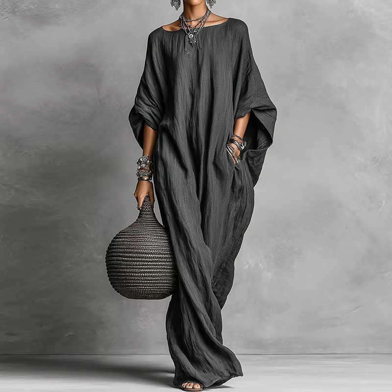 Robe de soirée ample à manches chauve-souris trois-quarts, robe longue simple à col rond pour femme 