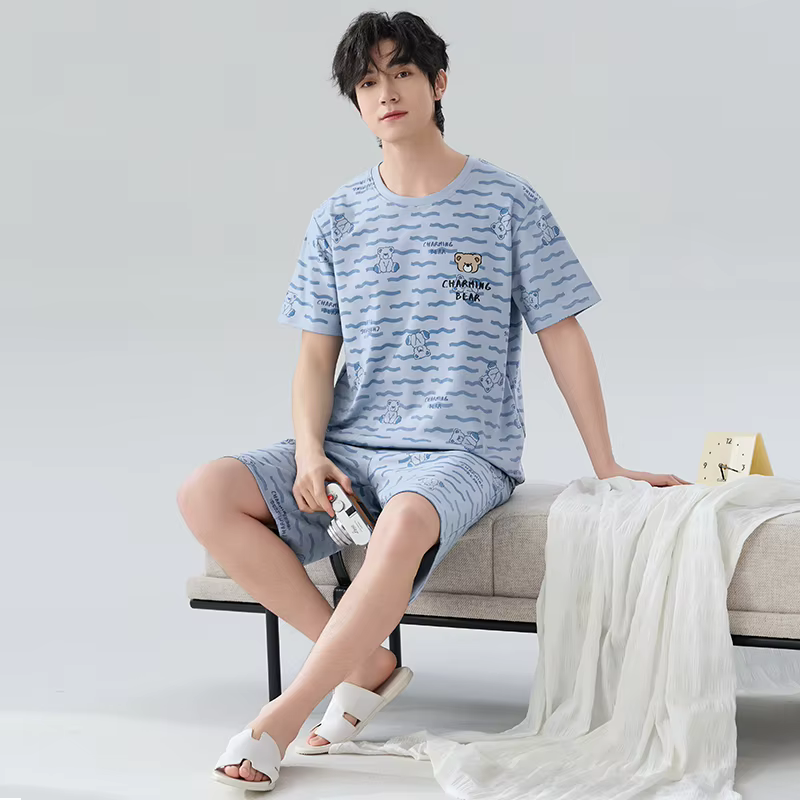Grande taille M-4XL hommes pyjamas ensemble été 100% coton mignon dessin animé à manches courtes Pij