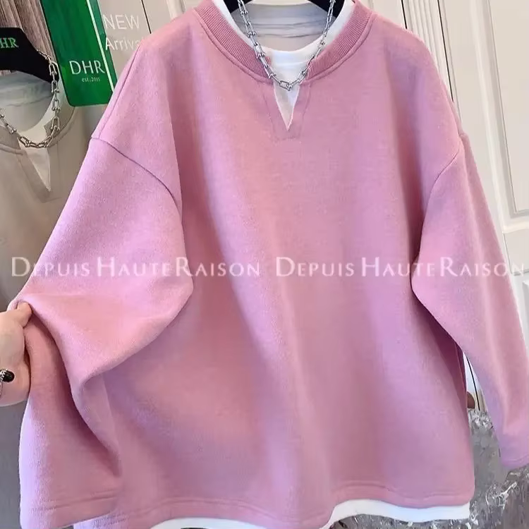 Femmes surdimensionnées vêtements mode coréenne Patchwork col rond faux deux pièces femme tout-match