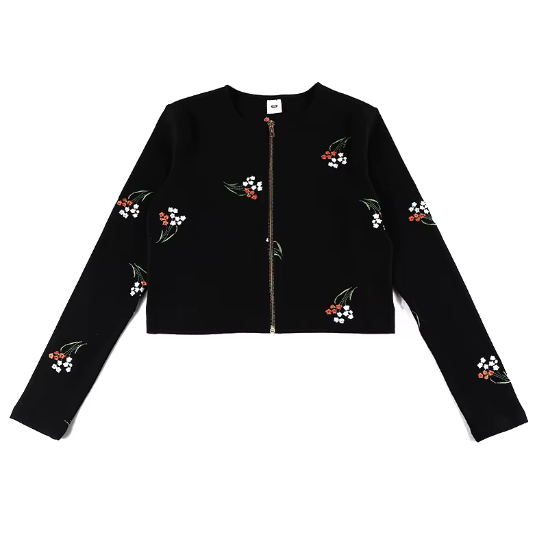 Robe longue cardigan côtelée pour femme avec fermeture éclair dorée, ensemble de robes à fleurs noir