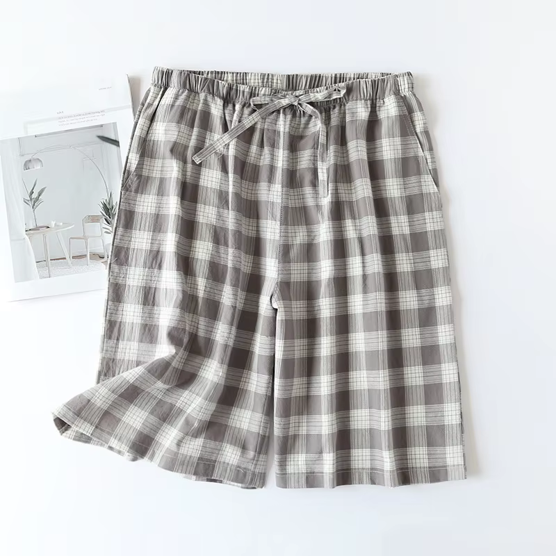 Pantalon de pyjama japonais à carreaux pour homme, short de nuit en coton fin, coupe ample, coton la