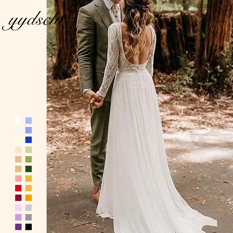 Robe de mariée bohème sexy, col bijou, traîne balai/brosse, en dentelle, manches longues, dos nu, lo