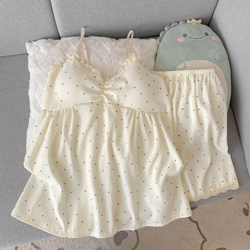 Ensemble de pyjama pour femmes, camisole colorée à pois avec coussinets de poitrine, vêtements de nu