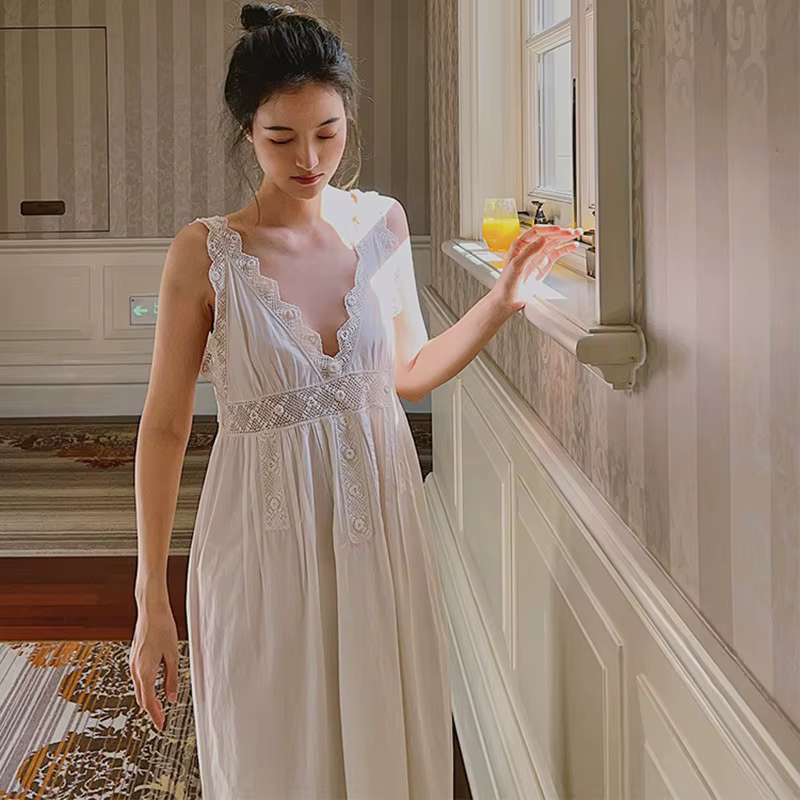 Chemise de nuit sexy à col en V de style français pour femmes, chemise de nuit princesse blanche, ch