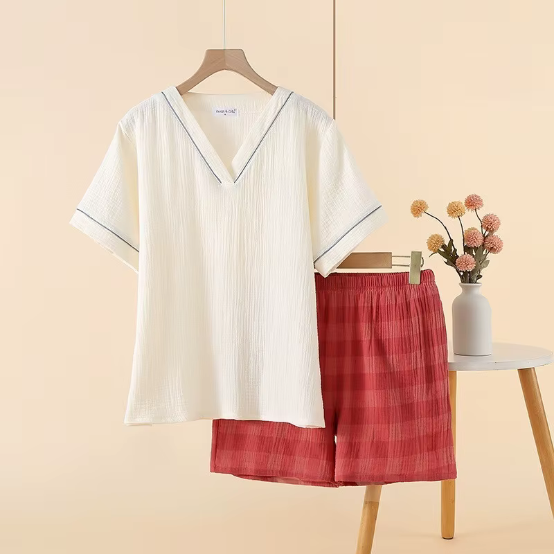 Pyjama en gaze de coton pour femmes, col en v, manches courtes, short, ample, décontracté, vêtements