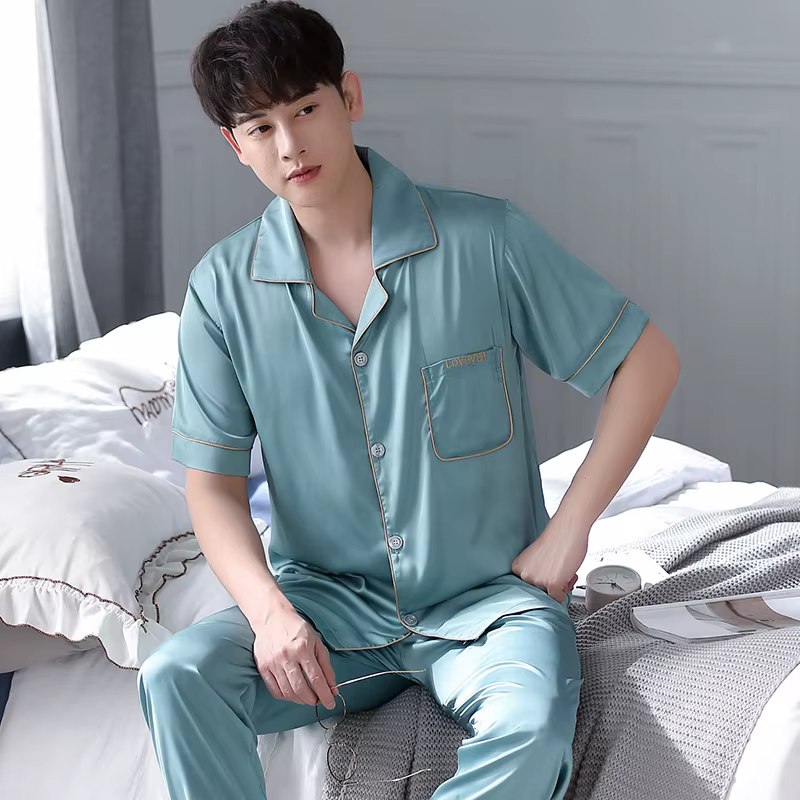 Ensemble pyjama d'été à manches courtes pour hommes, vêtements de nuit en soie, ample, décontracté, 