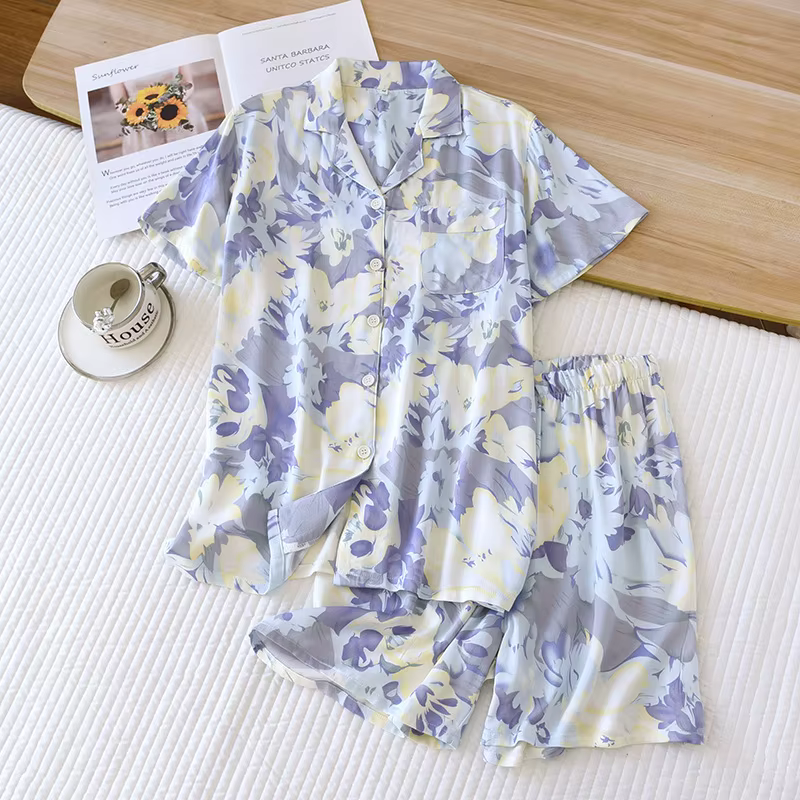Pyjama d'été en viscose pour femmes, short à imprimé rose, vêtements de détente, manches courtes, de
