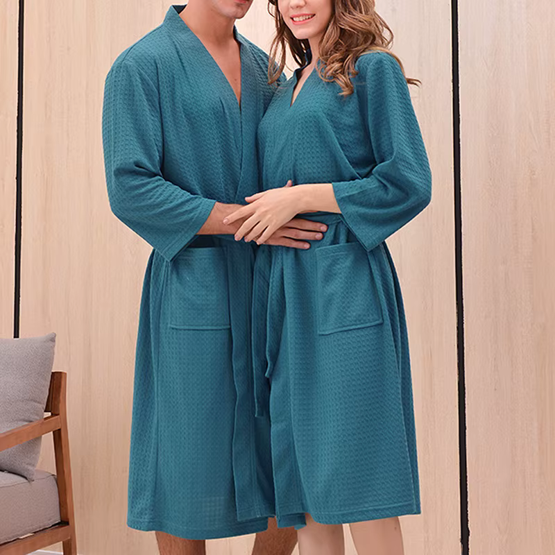 Peignoir à manches longues pour hommes et femmes, pyjama à col en V, robe avec poches, chemise de nu