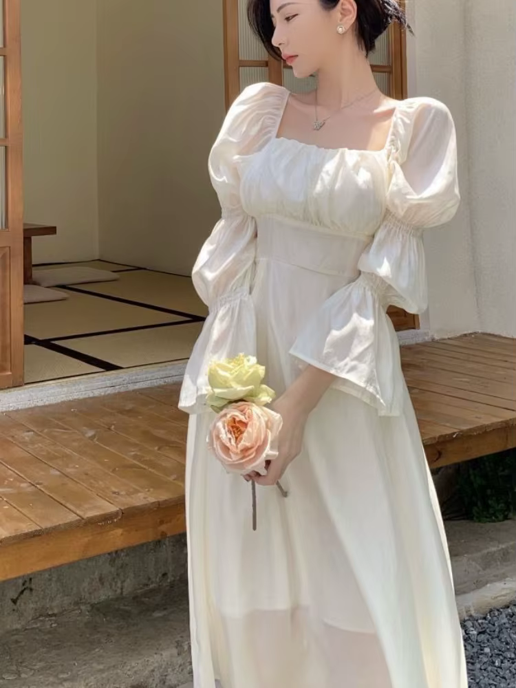 Robe à manches longues évasées pour femmes, ChimTender, A-ligne, Princesse élégante, Style français,