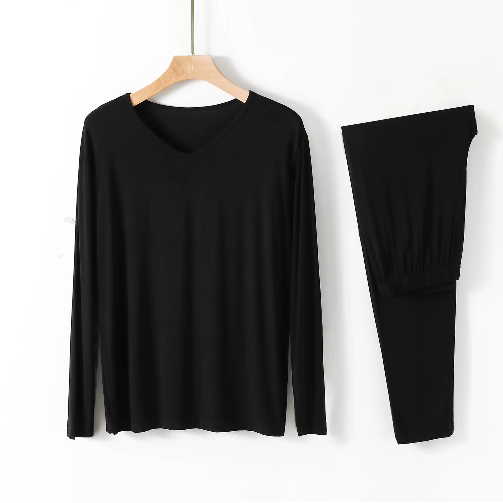 Pyjama Modal pour Homme, col en v, manches longues, pantalon, drapé, lisse, élastique, confortable, 