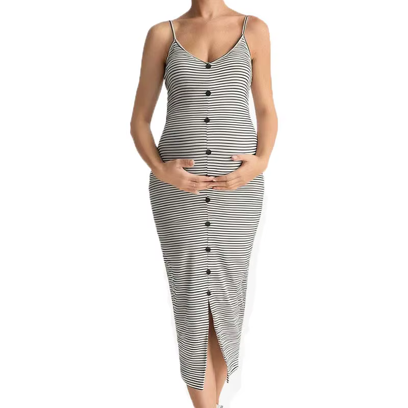 Robe de maternité rayée, style camisole, longueur midi, col en V, boutonnée sur le devant, fendue, m