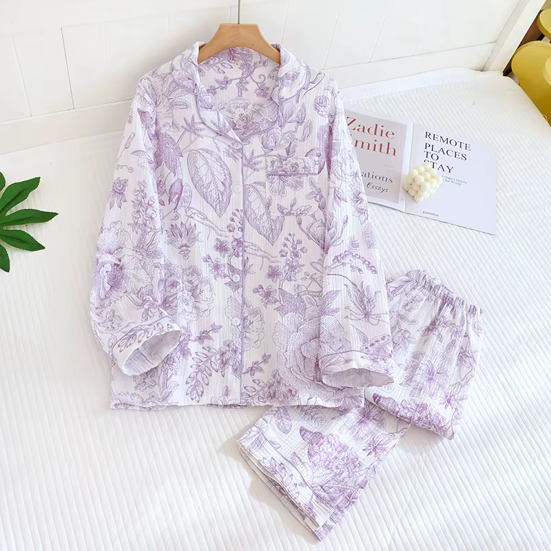 Pyjama deux pièces en crêpe 100% coton pour femmes, costume à manches longues, pantalon, feuilles de