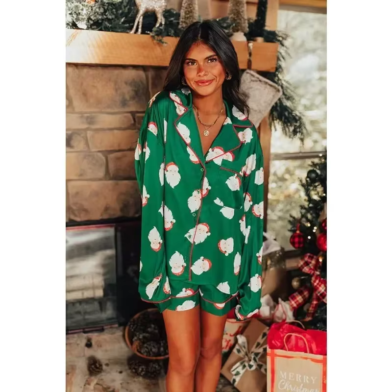 Homewear vêtements de détente père noël vêtements de nuit de noël tenues femmes Satin deux pièces en