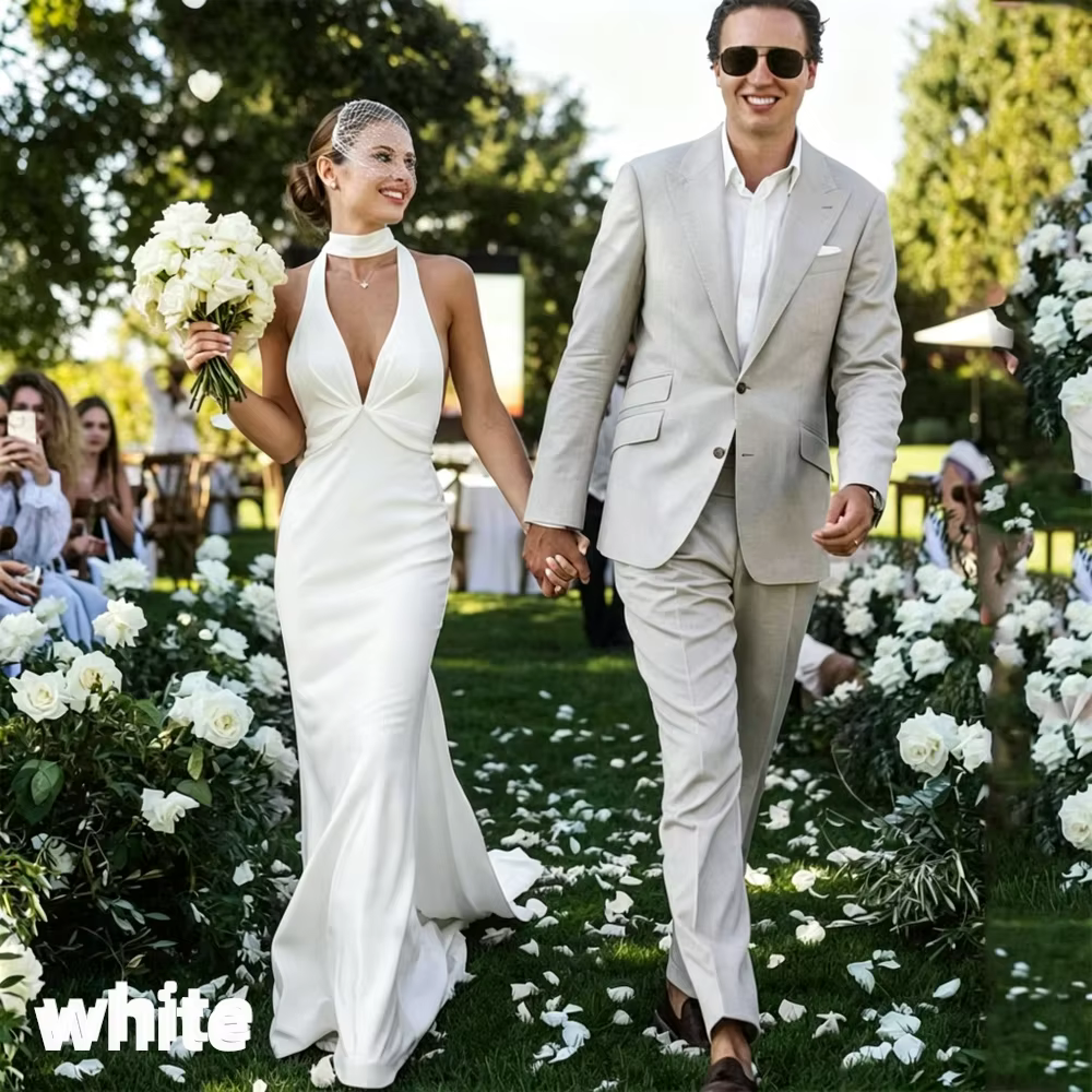 DREAM Robe de Mariée Sirène Élégante et Simple Sur Mesure Décolleté V Halter, Crêpe, Dos Nu, Traîne 