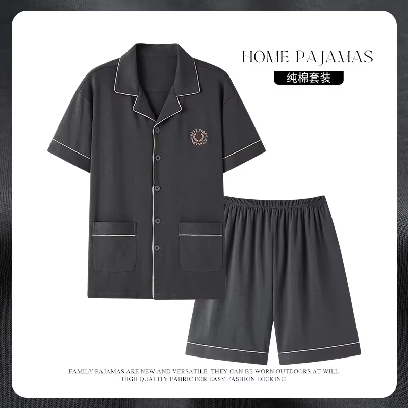 Pyjama gris à revers pour hommes, cardigan, vêtements de maison pour gentleman, short d'été, vêtemen