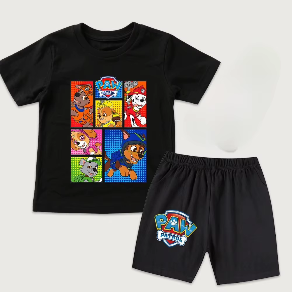 Survêtement 2 pièces pour enfants PAW Patrol, t-shirt blanc à manches courtes + short noir imprimé d