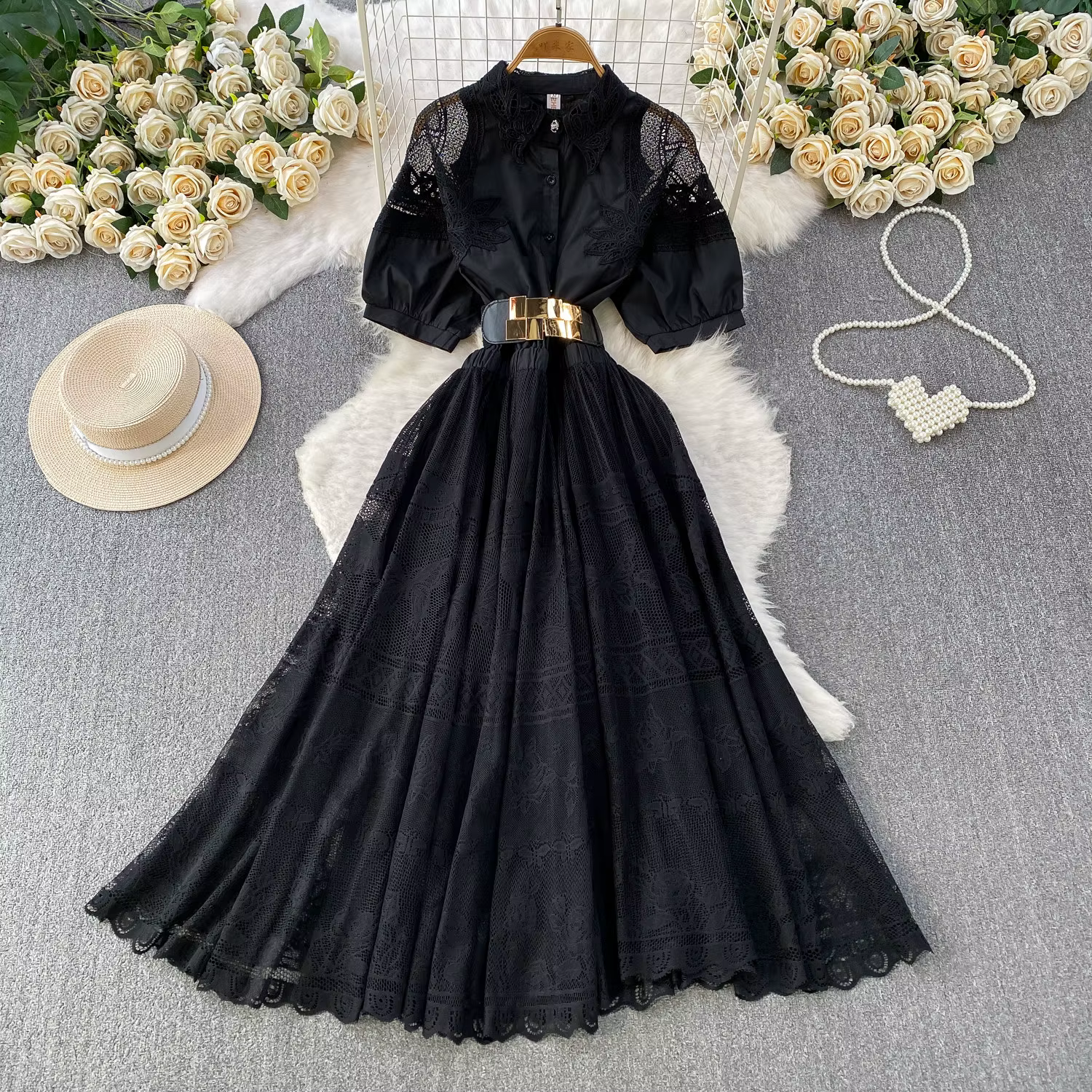 Robe longue élégante en dentelle noire pour femme, col polo, manches courtes, taille haute, coupe tr