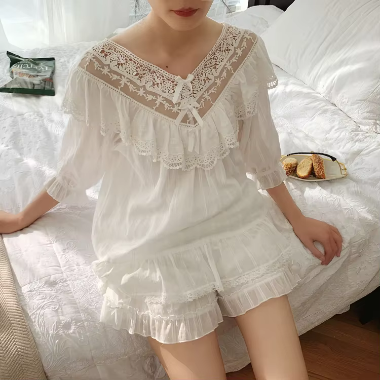Ensembles de pyjama à col en V princesse Lolita pour femmes, dentelle à volants, pantalon long en Y,