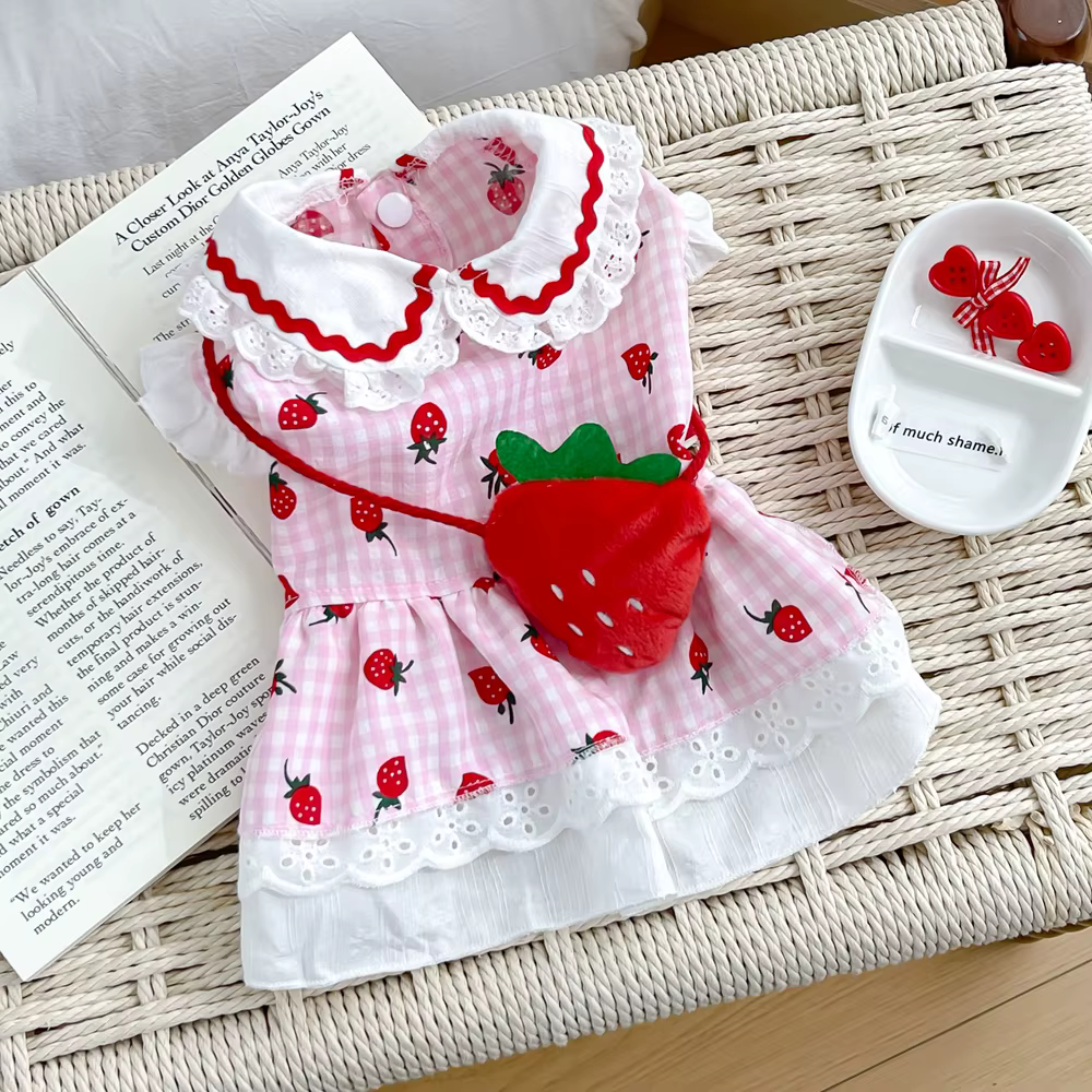 Robe fraise pour chiens été printemps mignon Plaid femme fille chiot animal de compagnie chat vêteme
