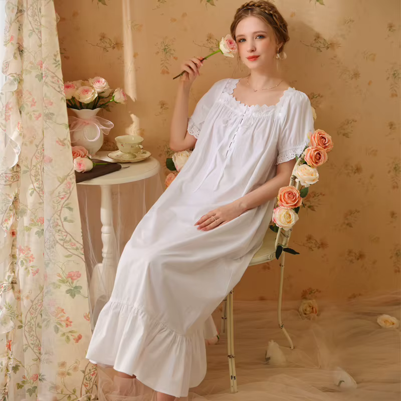 Robe pyjama de Style palais pour femmes, en coton, longue, Sexy, rétro, princesse française, manches