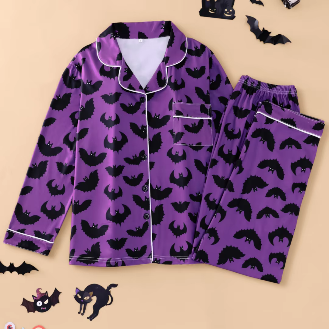 Pyjama violet sur le thème d'halloween pour femmes, avec imprimé chauve-souris, pantalon à manches l