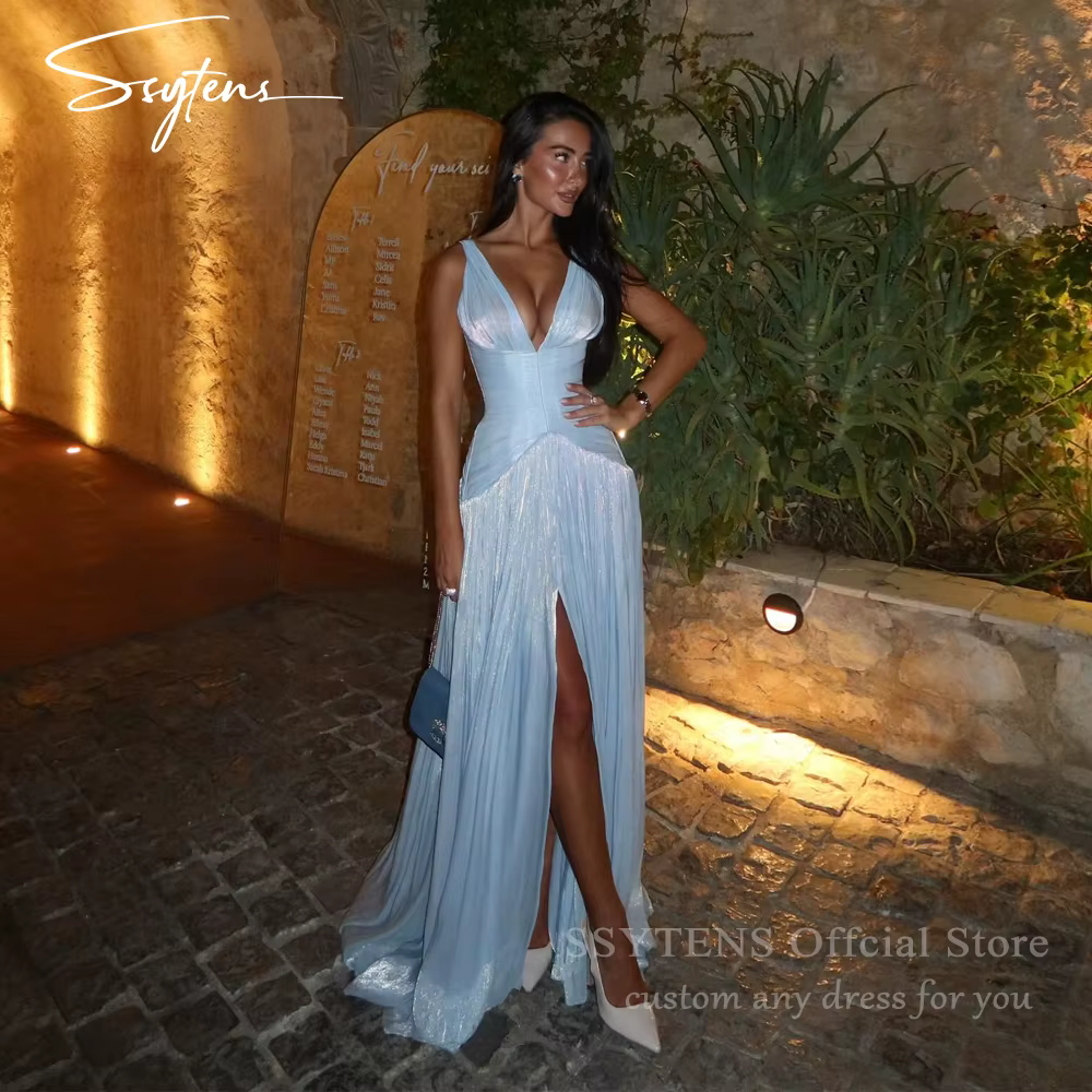 SSYTENS Sexy bleu soie longues robes de soirée dubaï col en v sans manches robes de bal femmes saoud