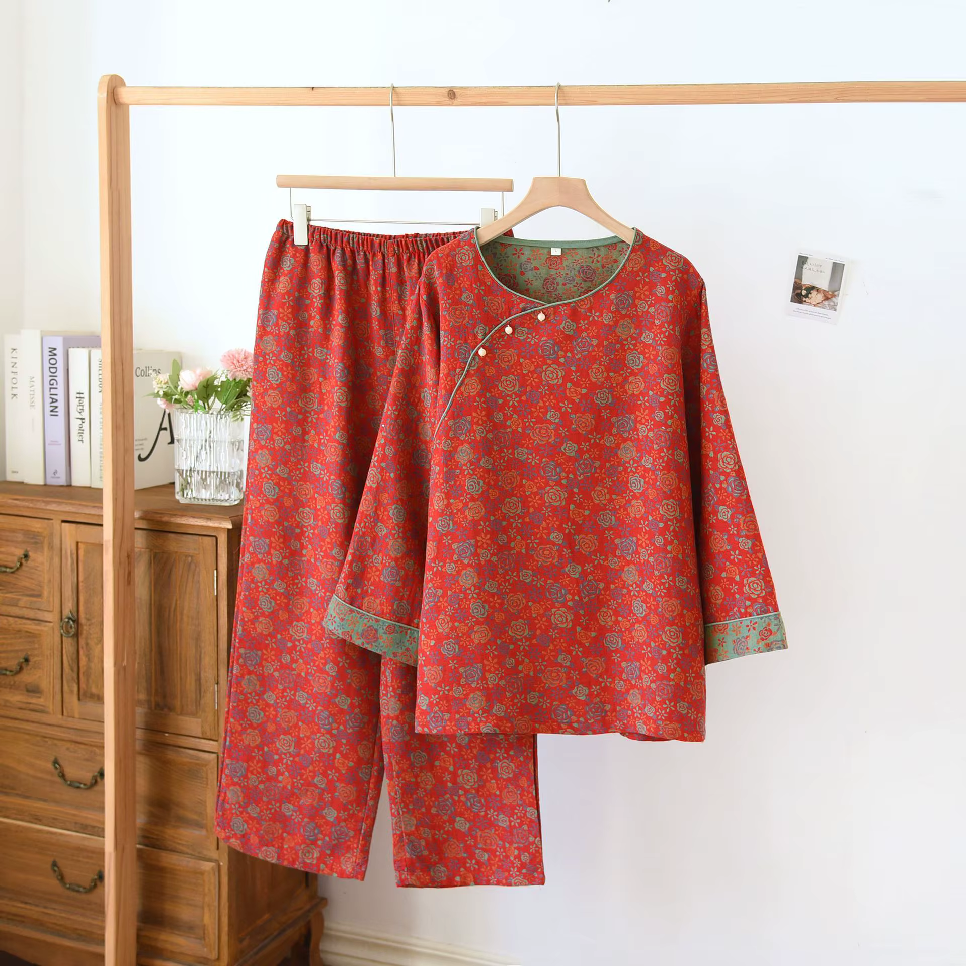 Pyjama en fil de coton teint en fil pour femme, manches longues, vêtements de détente de style fjRet