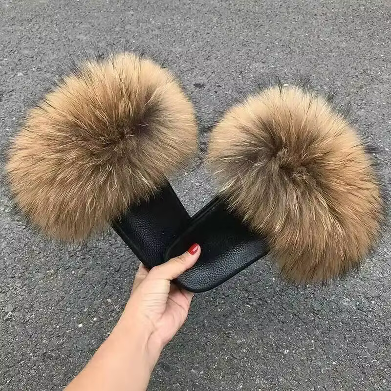 Pantoufles en vraie fourrure de raton laveur pour femmes, collection été 2026, moelleuses, plates, p