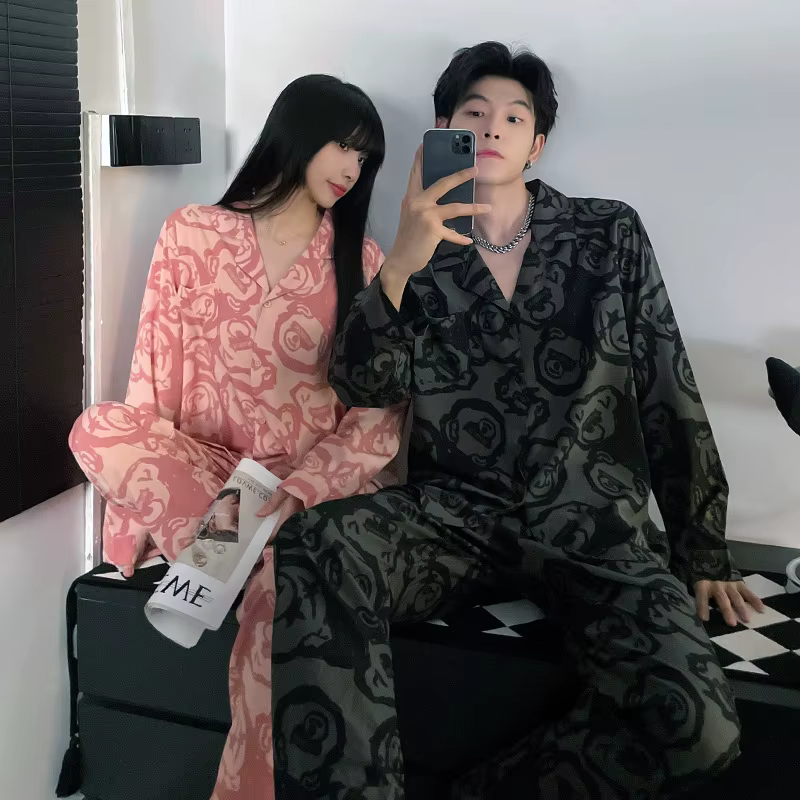 Ensemble de pyjama en satin à manches longues pour hommes et femmes, vêtements de nuit fins pour cou