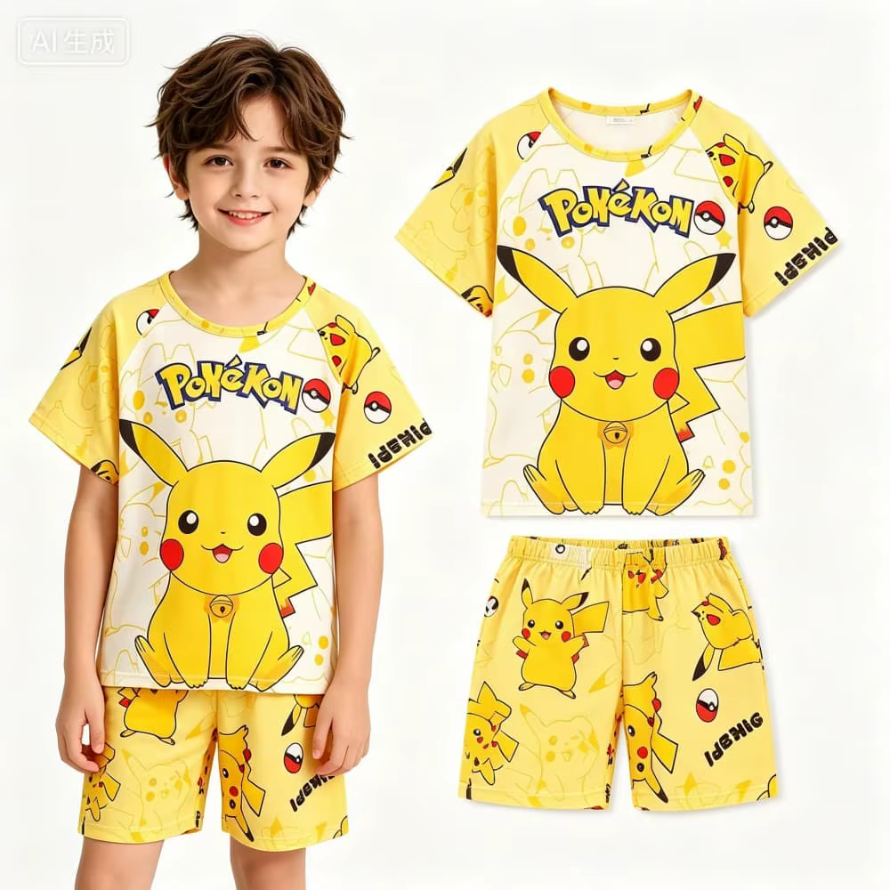 Ensemble pyjama 2 pièces Pokemon Pikachu pour garçons et filles, t-shirt à manches courtes et short,
