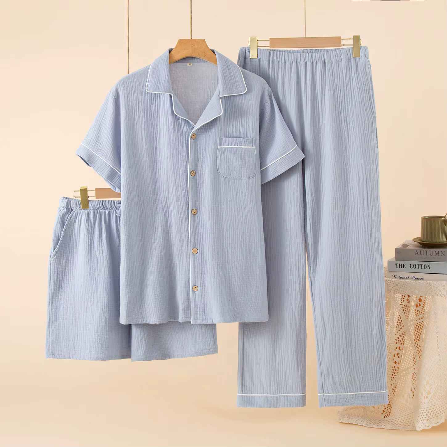 Ensemble pyjama en coton pour hommes, Short fin à manches courtes, pantalon Long, ensemble trois piè