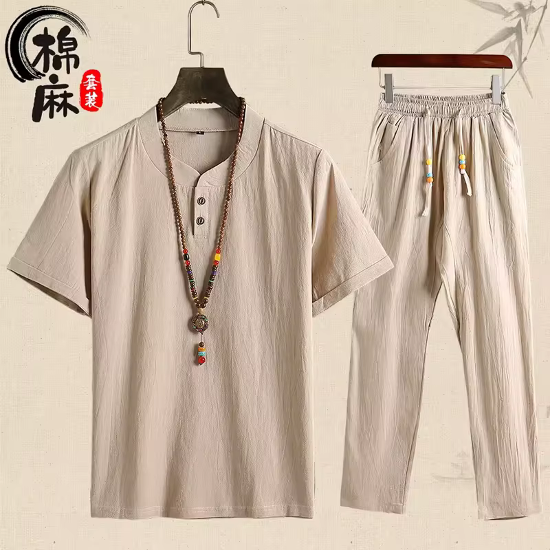 Pyjama en lin de coton pour hommes Pyjamas à manches longues printemps et automne Vêtements de nuit 