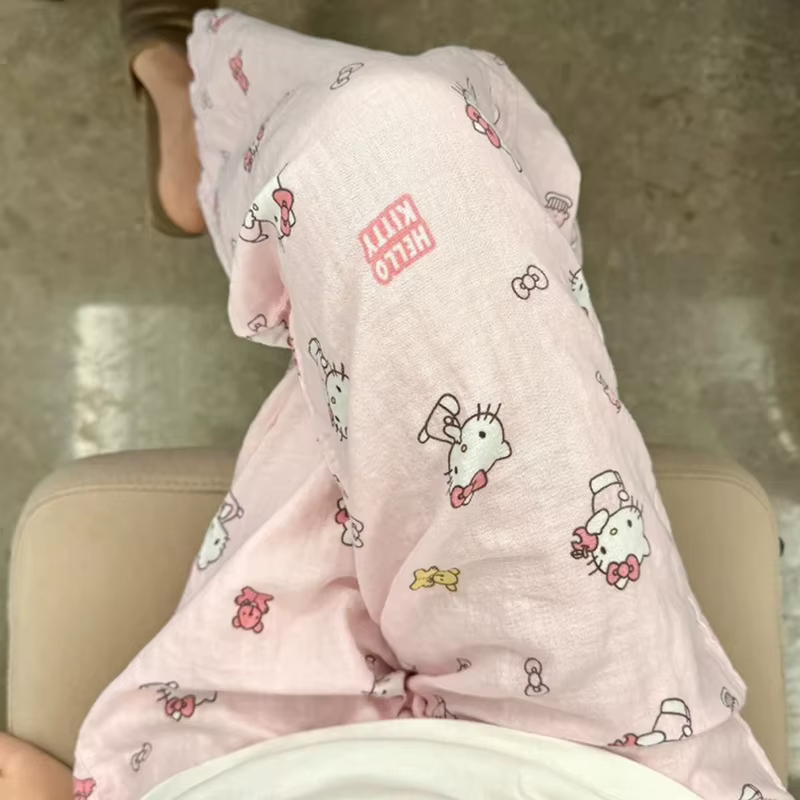 Pantalon de pyjama Hello Kitty en pur coton, short large Kawaii Kitty, pantalon décontracté taille h