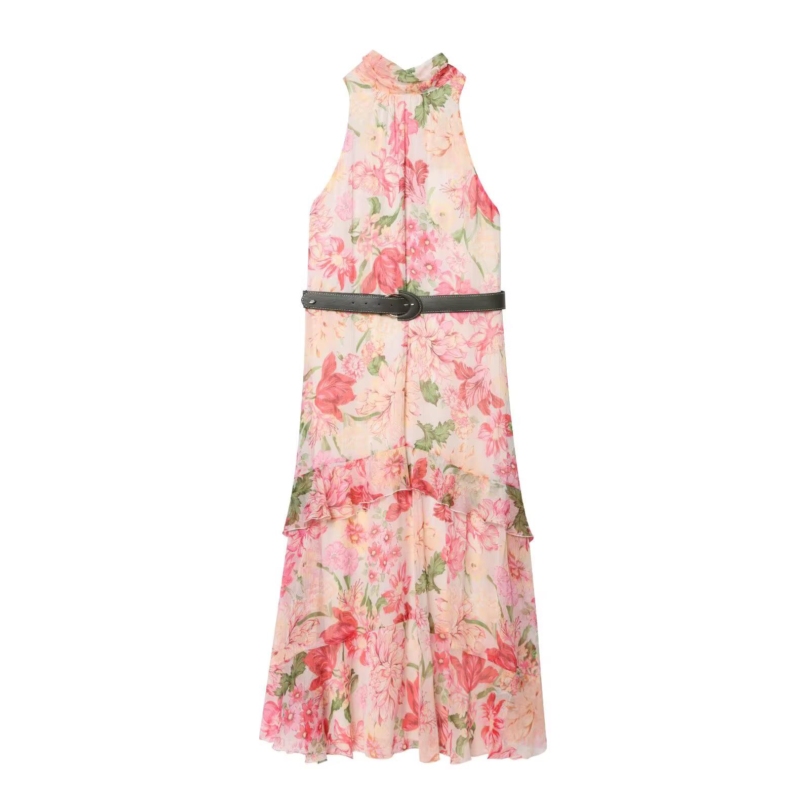 Robe mi-longue décontractée pour femmes, avec décoration imprimée à plusieurs niveaux et ceinture à 