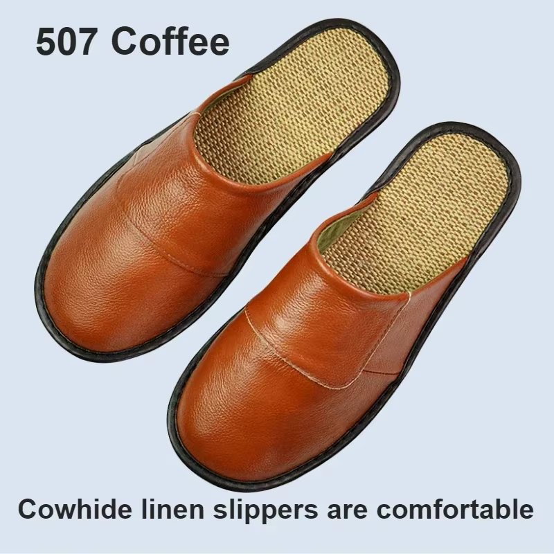 Pantoufles en cuir de vache véritable et lin pour hommes et femmes, pantoufles d'intérieur, antidéra