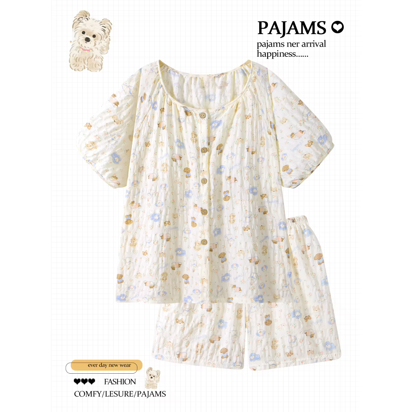 Ensemble pyjama imprimé chiot pour femme, 2 pièces, style japonais, en coton doux, manches courtes e