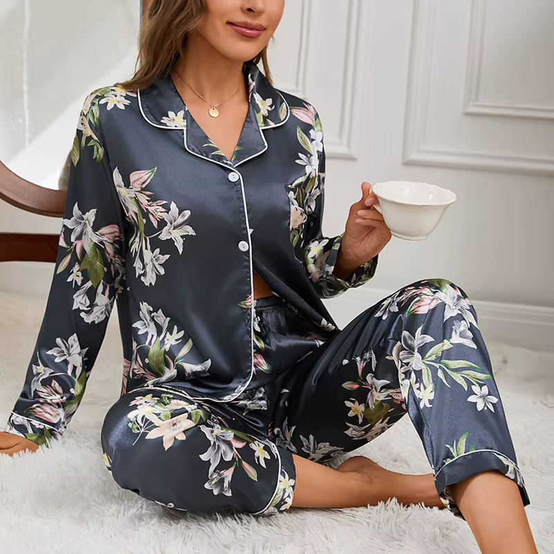 Femmes Satin Pyjama décontracté vêtements de nuit maison vêtements costume automne à manches longues