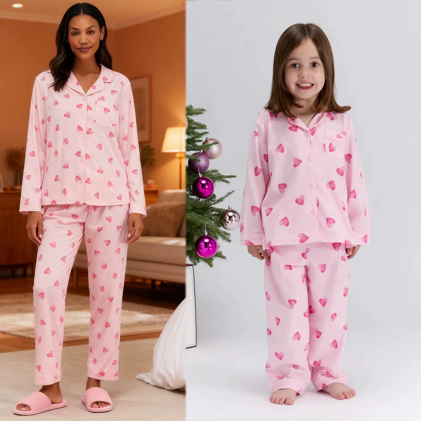 Xingqing Family – ensemble pyjama maman et moi, imprimé cœur, chemise boutonnée à manches longues, h