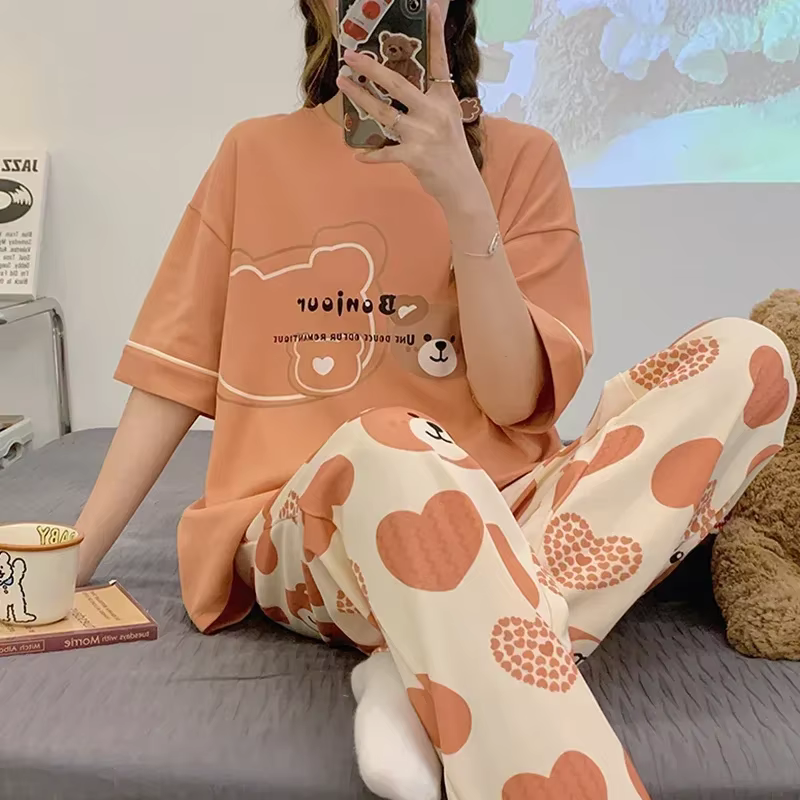 Pyjama en coton pour femmes, manches courtes, pantalons longs, vêtements de nuit, mode coréenne, imp