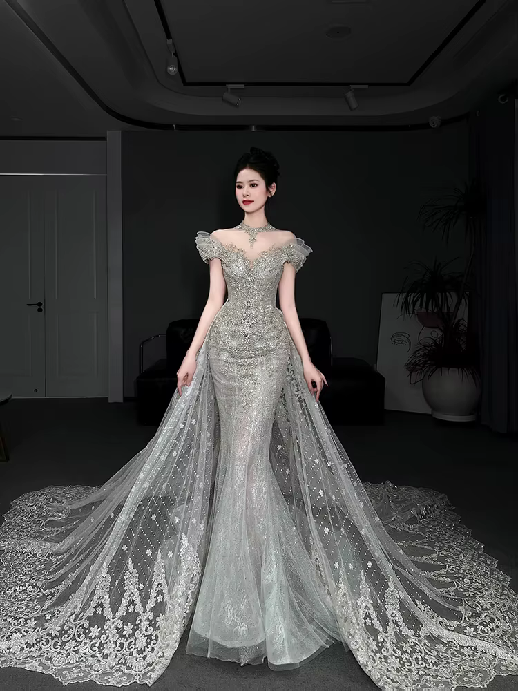 Robe de mariée lumineuse en queue de poisson, fil extérieur de Style français, fil principal robuste