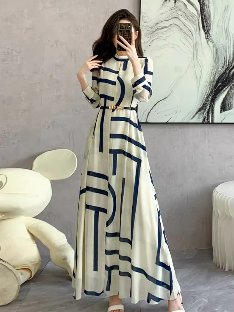 Robes géométriques françaises en mousseline de soie pour femmes, tenue de vacances, manches longues,
